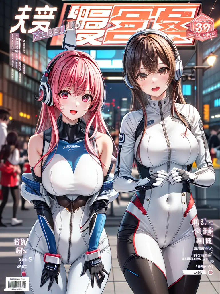 top-quality、masuter piece、covers、2girls、(White spacesuit)、(a blond):1.5、(Futuristic, tight-fitting bodysuit)、head phone、Cyberpun...