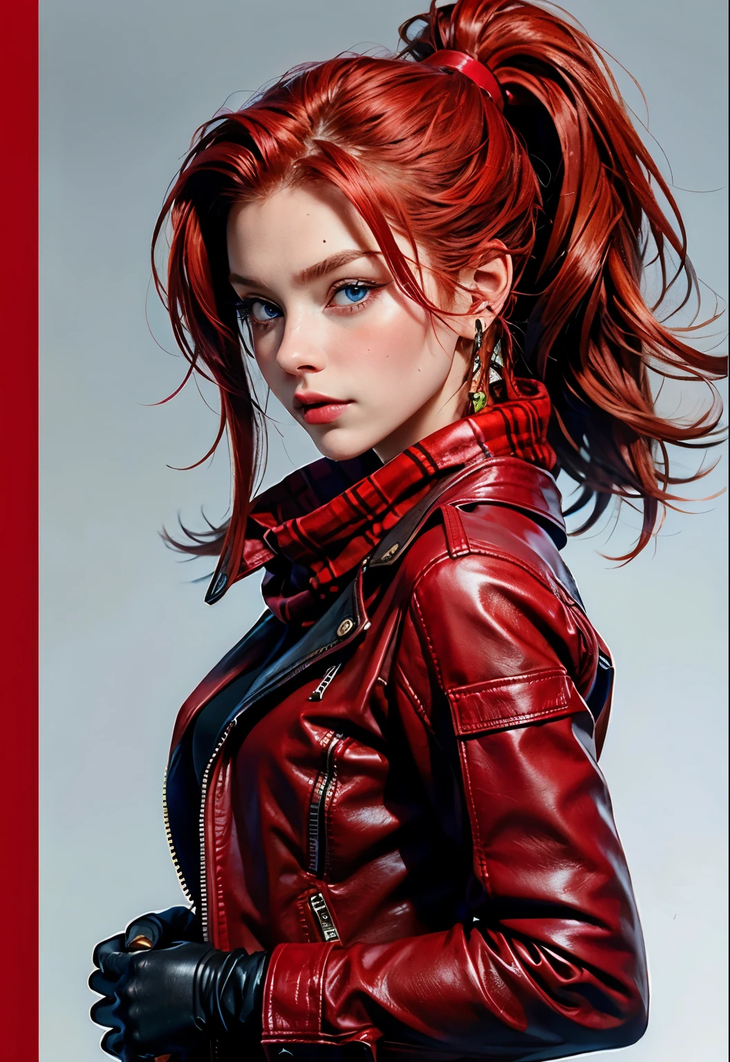 A close up of a woman with red hair wearing a red jacket - SeaArt AI