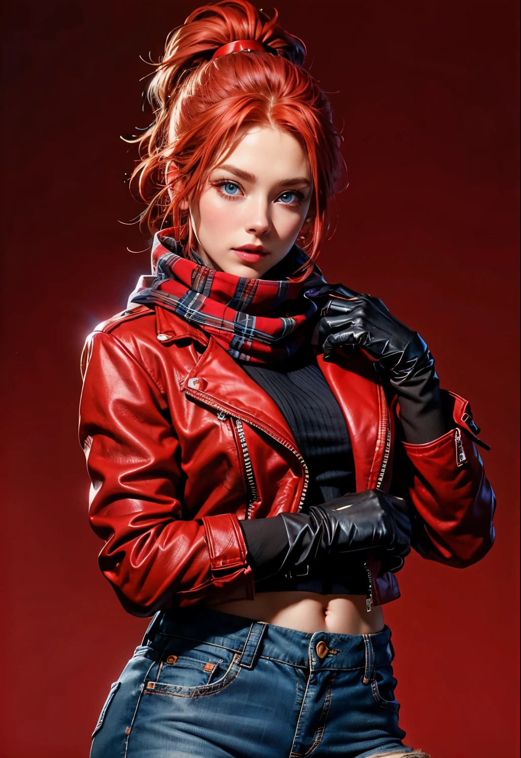 A close up of a woman wearing a red jacket and gloves - SeaArt AI