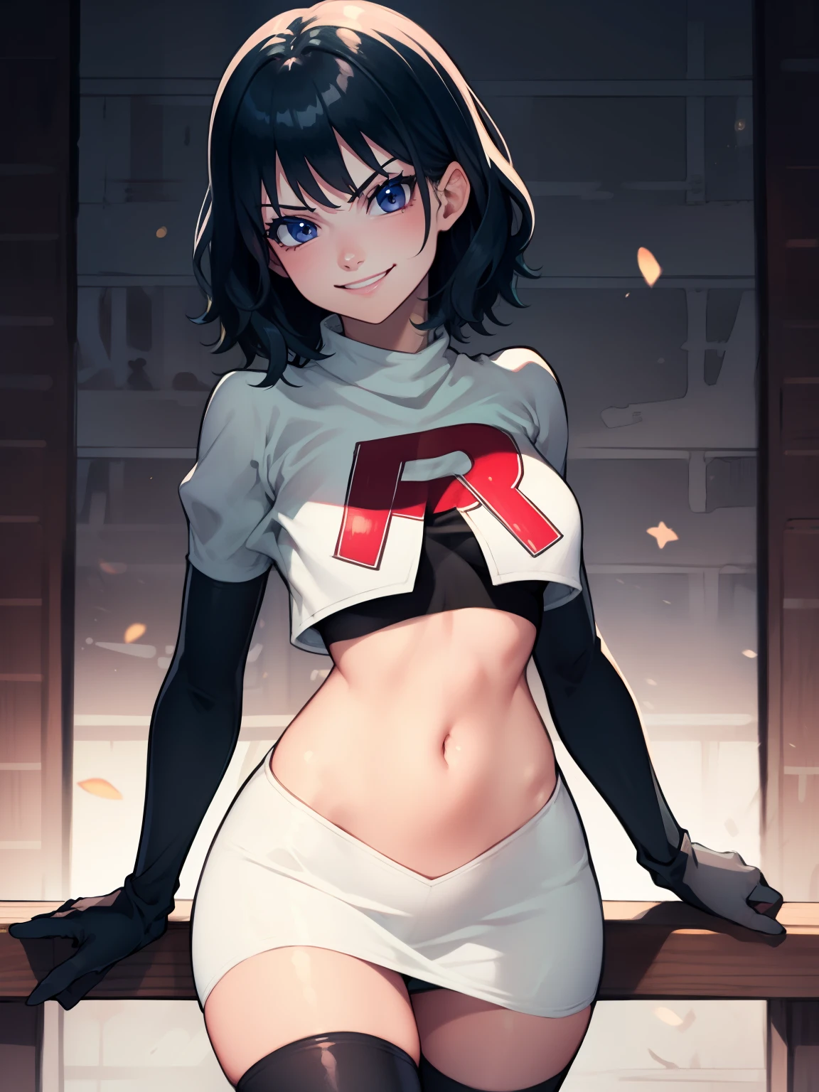 fembyleth, very short hair ,glossy lips ,team rocket uniform, red letter R, white skirt,white crop top,black thigh-high boots, black elbow gloves, evil smile, looking at viewer, cowboy shot