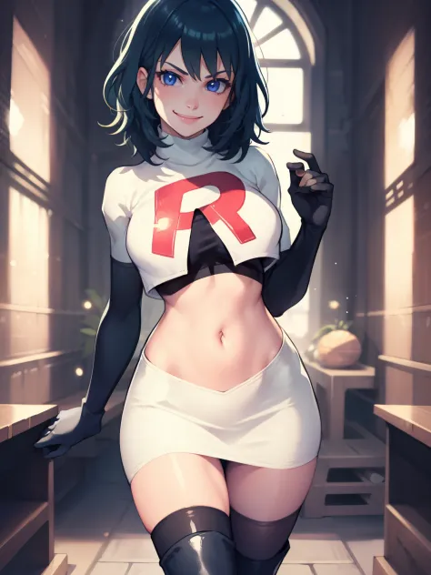 fembyleth, very short hair ,glossy lips ,team rocket uniform, red letter r, white skirt,white crop top,black thigh-high boots, b...