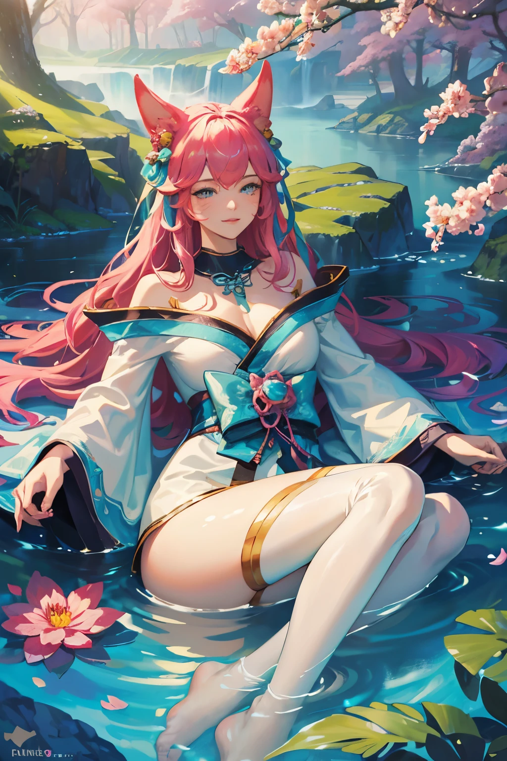 (best quality,4k,8k,highres,masterpiece:1.2),ultra-detailed,(realistic,photorealistic,photo-realistic:1.37),Ahri laying down,smiling,in a forest,surrounded by beautiful plants,majestic,spirit blossom,portraits,vivid colors,lush greenery,bright sunlight,soft shadows,gentle breeze,sparkling dewdrops,ethereal atmosphere,colorful flowers and leaves,magical aura,floating petals,light rays penetrating through the treetops,peaceful and serene ambiance, pink swapped for blue and white swapped for black