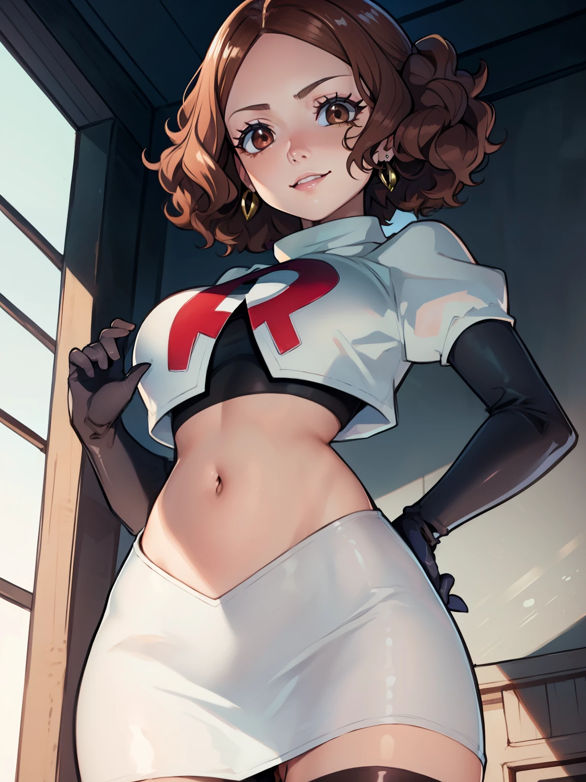 haru okumura, (brown eyes:1.5), brown hair, short hair, ,glossy lips, light makeup, eye shadow, earrings ,team rocket,team rocket uniform, red letter R, white skirt,white crop top,black thigh-high boots, black elbow gloves,evil smile, looking down on viewer,  hands on hips