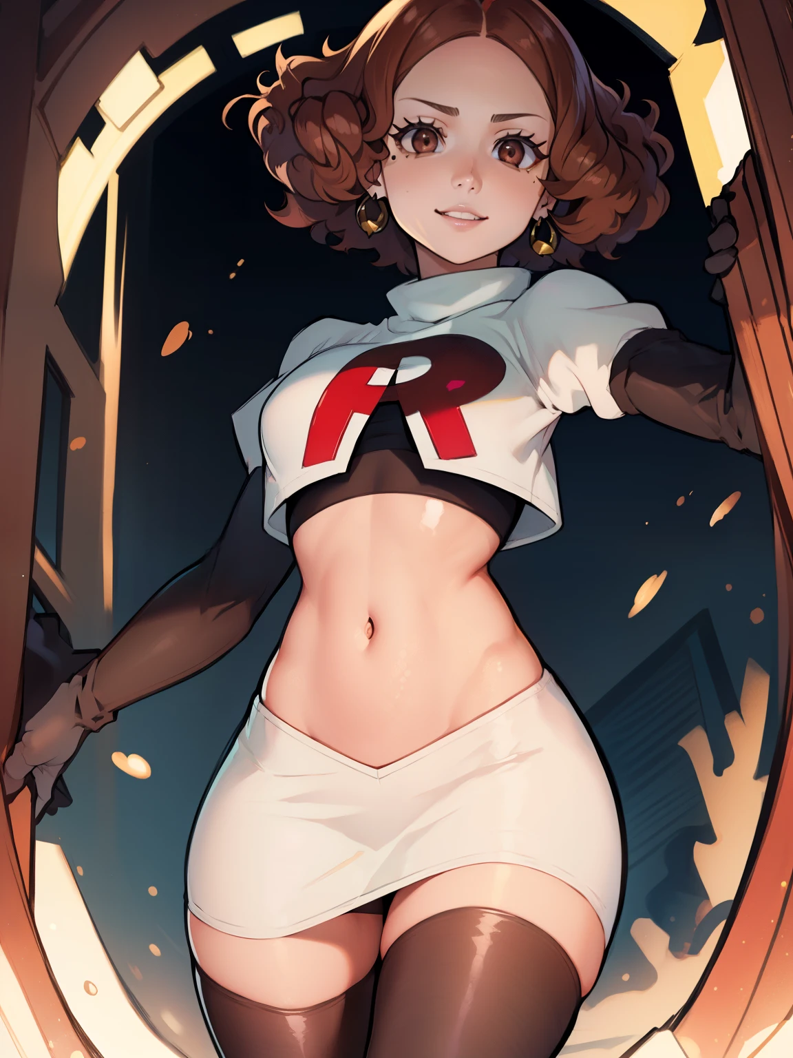 haru okumura, (brown eyes:1.5), brown hair, short hair, ,glossy lips, light makeup, eye shadow, earrings ,team rocket,team rocket uniform, red letter R, white skirt,white crop top,black thigh-high boots, black elbow gloves,evil smile, sexy poses