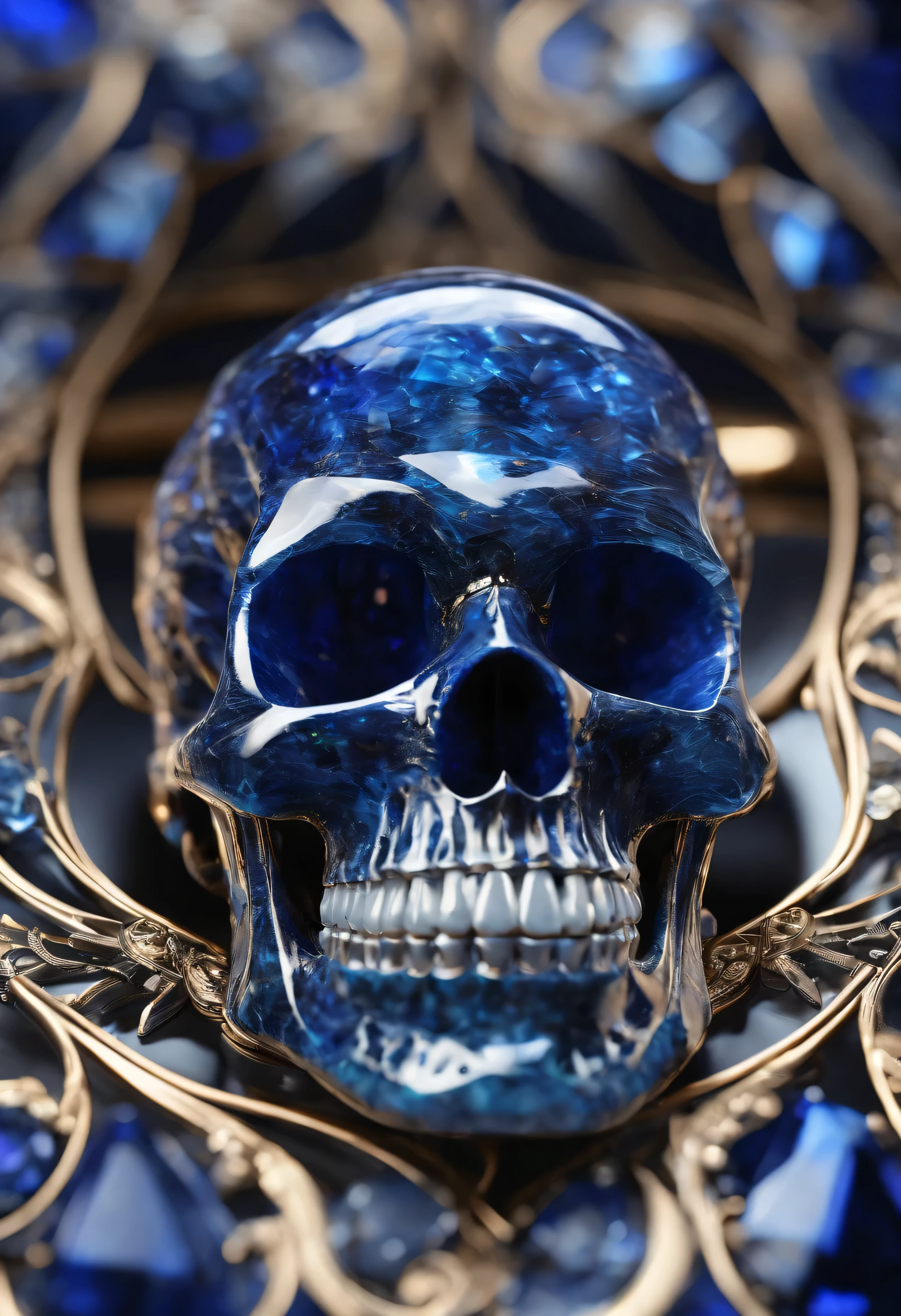 Close-up photograph from the ((front-left hand side)) of a highly detailed ((Sapphire Skull)), the (skull is solid sapphire:1.6), highly polished sapphire, (best quality,4k,8k,highres,masterpiece:1.2), ultra-detailed, (realistic,photorealistic,photo-realistic:1.37), HDR, UHD, studio lighting, (Glass-like material), vibrant colours, surreal, intricate details, mesmerizing, ethereal, transparent reflections, product atmosphere, captivating, clean, light refractions, kaleidoscopic reflections