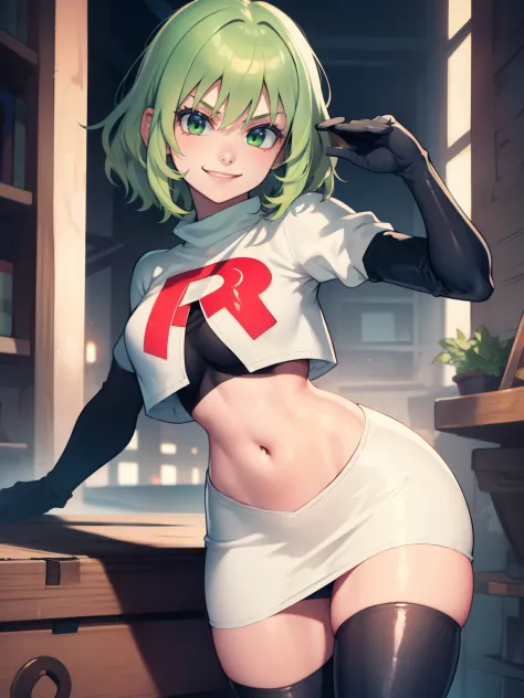 fembyleth, very short hair, light green hair ,glossy lips ,team rocket uniform, red letter r, white skirt,white crop top,black t...