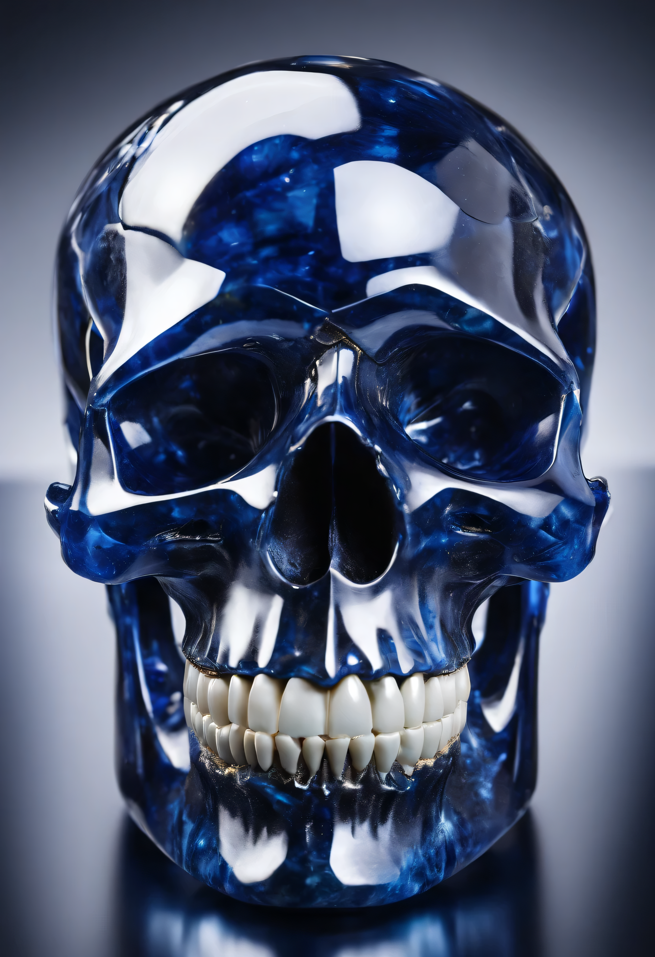 Close-up photograph from the ((front-left hand side)) of a highly detailed ((Sapphire Skull)), the (skull is solid sapphire:1.6), highly polished sapphire, (best quality,4k,8k,highres,masterpiece:1.2), ultra-detailed, (realistic,photorealistic,photo-realistic:1.37), HDR, UHD, studio lighting, (Glass-like material), vibrant colours, surreal, intricate details, mesmerizing, ethereal, transparent reflections, product atmosphere, captivating, clean, light refractions, kaleidoscopic reflections