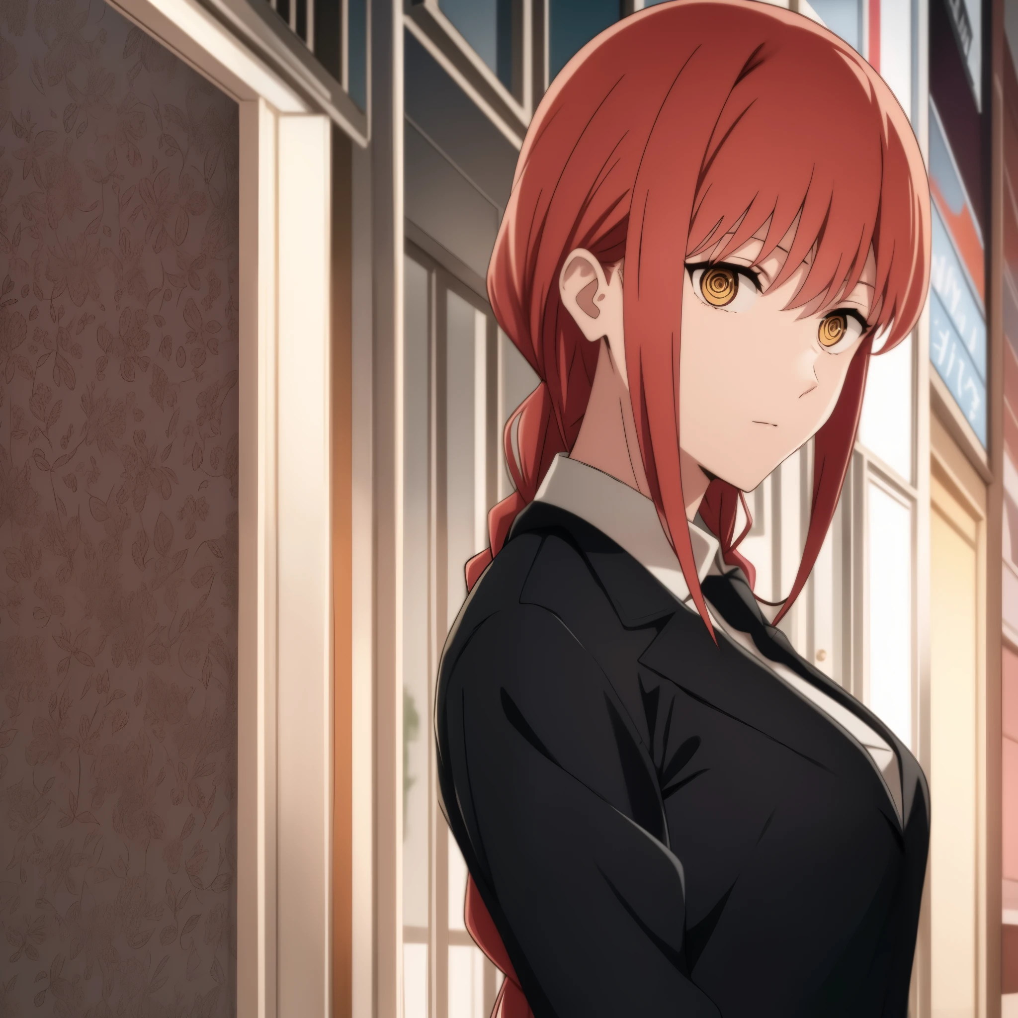 Anime girl with red hair and black suit standing in front of a building -  SeaArt AI