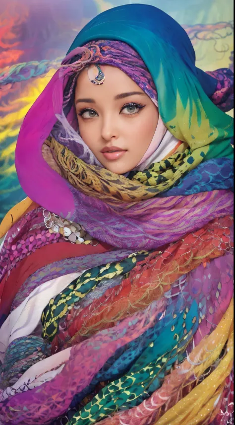 (half body:1.2), (smokexxx:1.4), aishwarya rai in hijab with really wild hair, (multicolored wavy hijab:1.2), ( long hijab:1.2),...