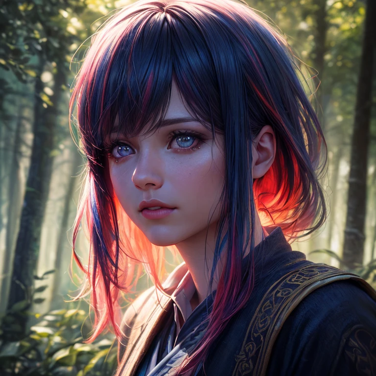 (best quality,4k,8k,Alto,master part:1.2),ultra-detalhado,(Realistic,fotorrealista,foto-Realistic:1.37),Female with bright teary eyes,rainbow colored hair,Casting Brilliant Spells,mystic forest,illustration,atmosfera encantada,cores vibrantes,soft lighting