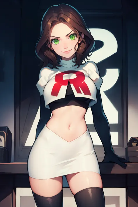 dorothea, green eyes, very short hair ,glossy lips ,team rocket,team rocket uniform, red letter R, white skirt,white crop top,black thigh-high boots, black elbow gloves , looking at viewer, evil smile, arms crossed