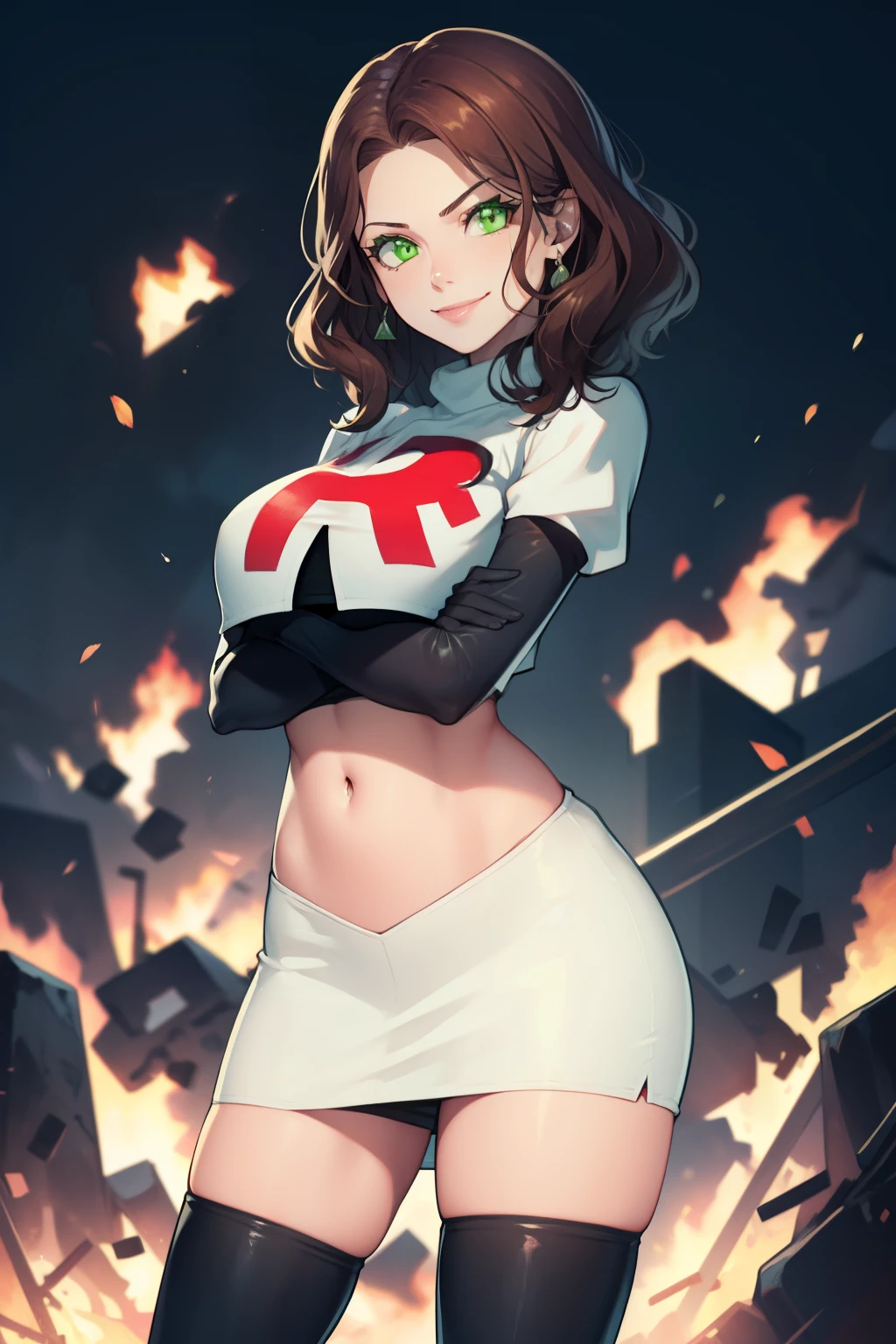 dorothea, green eyes, very short hair ,glossy lips ,team rocket,team rocket uniform, red letter R, white skirt,white crop top,black thigh-high boots, black elbow gloves , looking at viewer, evil smile, arms crossed