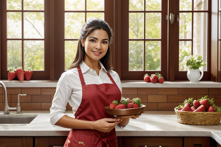 (beste Qualität,highres:1.2),ultra-detailliert,realistisches Porträt einer Latina-Frau mit einem Tablett mit Erdbeeren in ihrer Küche. Die Frau hat ein heiteres Lächeln im Gesicht, her Haar is neatly tied up, und ihre Hände sind perfekt manikürt. Sie trägt eine stilvolle Schürze, die ihr elegantes Outfit ergänzt. Die Küche ist gut beleuchtet, da natürliches Sonnenlicht durch ein Fenster fällt, Schaffen Sie eine warme und einladende Atmosphäre. Die Farben im Kunstwerk sind lebendig und satt, Die Schönheit der Szene hervorheben. Die Erdbeeren auf dem Tablett sind prall, saftig, und sorgfältig arrangiert. Die Texturen und Details des Gesichts der Frau, Haar, und die Hände sind unglaublich lebensecht, zeigt das außergewöhnliche Können des Künstlers. Dieses Kunstwerk erinnert an ein hochauflösendes Foto, jede Nuance und jeden Ausdruck mit unglaublicher Präzision erfassen. Die Gesamtkomposition strahlt ein Gefühl der Ruhe und Zufriedenheit aus, macht es zu einem wahren Meisterwerk.