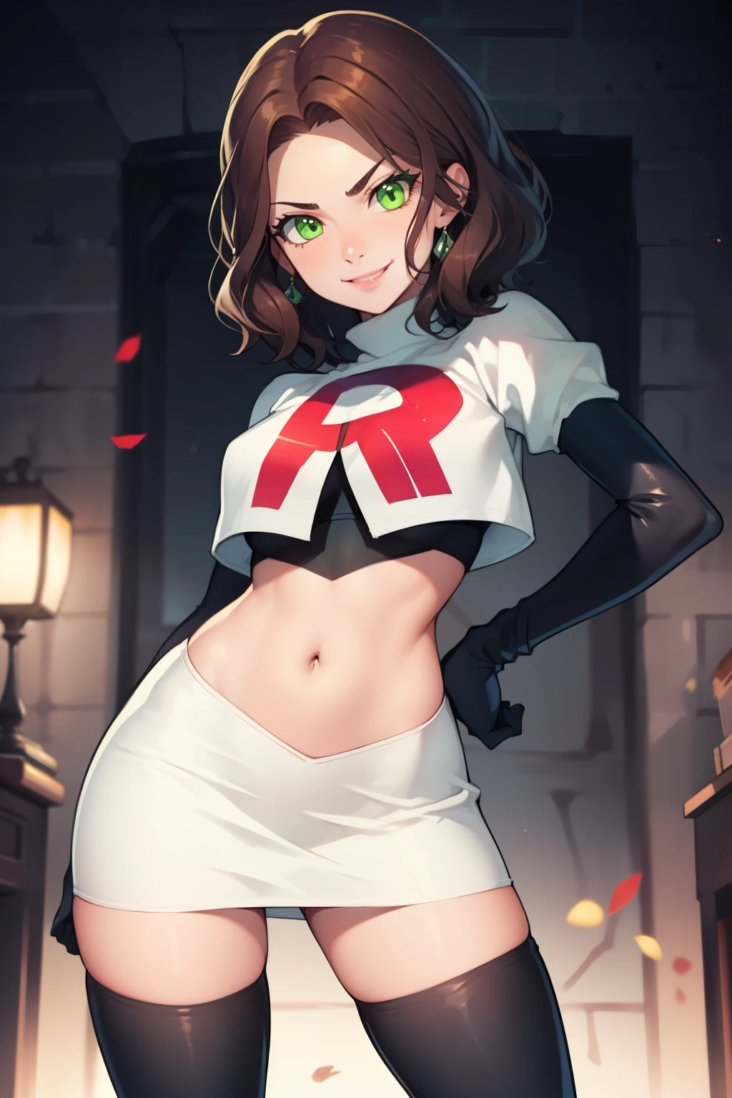 dorothea, green eyes, very short hair ,glossy lips ,team rocket,team rocket uniform, red letter R, white skirt,white crop top,black thigh-high boots, black elbow gloves , looking at viewer, evil smile, sexy poses