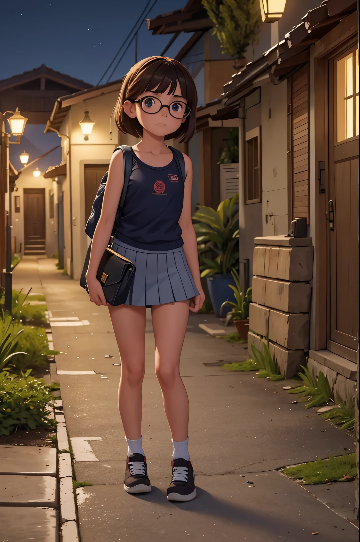 12yo girl, long curly brunette hair, medium breasts, brown eyes with glasses, terrified expression, in school uniform with miniskirt and tank top, carrying some books and backpack, on a dark and lonely street in the slums, at night, full body. 8k, HdR, great quality