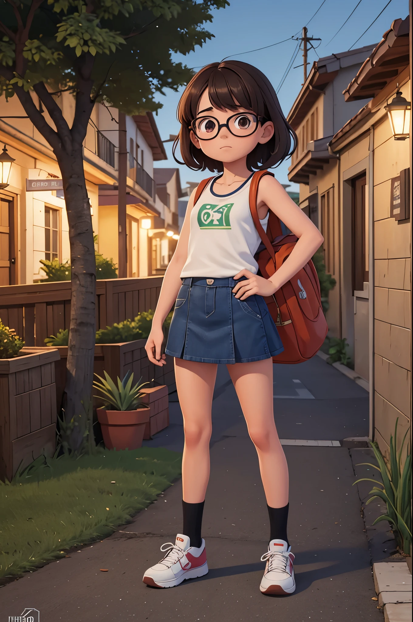 12yo girl, pelo moreno largo encrespado, pechos medianos, ojos marrones con gafas, terrified expression, con uniforme escolar con miniskirt y tank top, llevando unos libros y mochila, en una calle oscura y solitaria de los barrios bajos, at night, full body. 8K, HDR, gran calidad