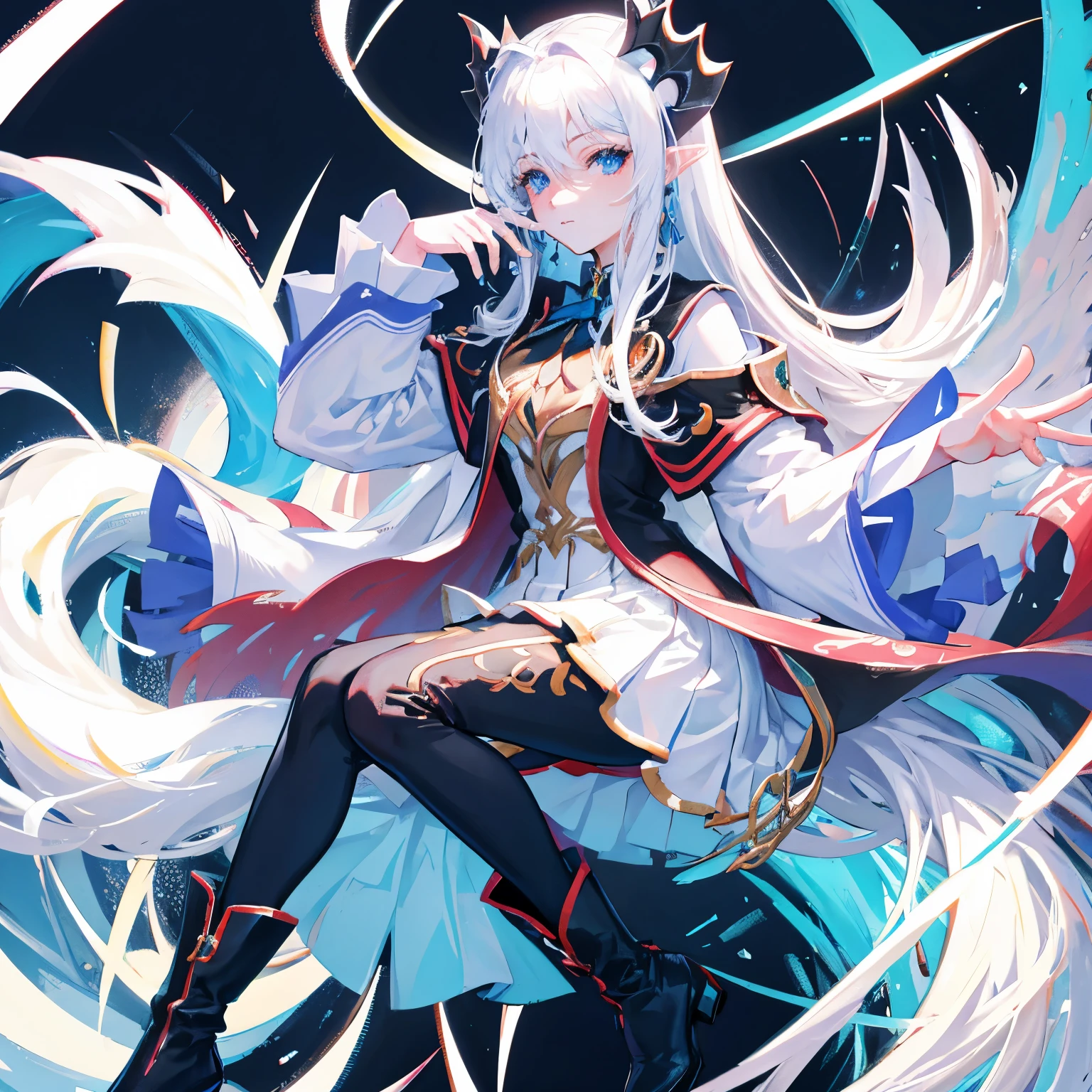 8k, resolution, high quality, high resolution, best quality, best resolution, absurd resolution, ray tracing, high detailed, masterpiece, extremely detailed,shoulder length white hair, female,white 2 wolf ears, teenage girl, slim body, white scale dragon tail,black boots,black leggings, school skirt, white jacket, medium size chest, detailed blue eyes, detailed beautiful face,solo female,1 dragon tail, detailed eyes