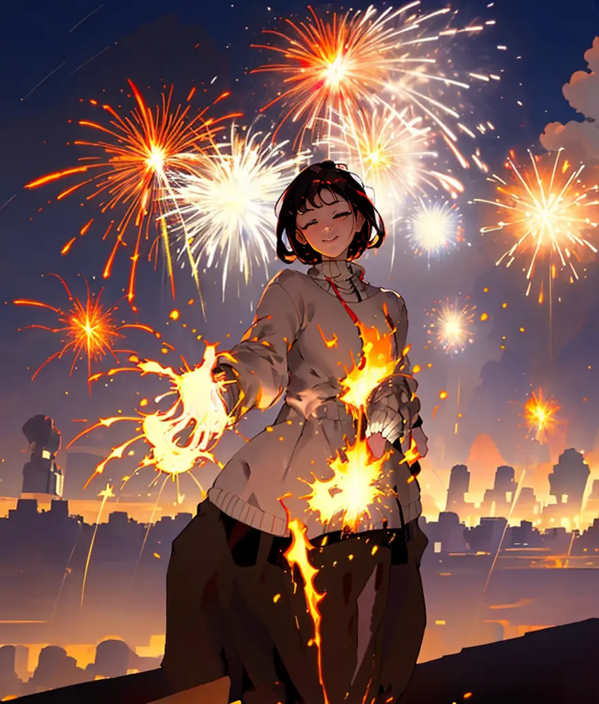 fire works, fire works, fuzzy, the night, ngel, 1 girl, brunette color hair, fuzzy background, Skysky, Outdoor activities, Alone...