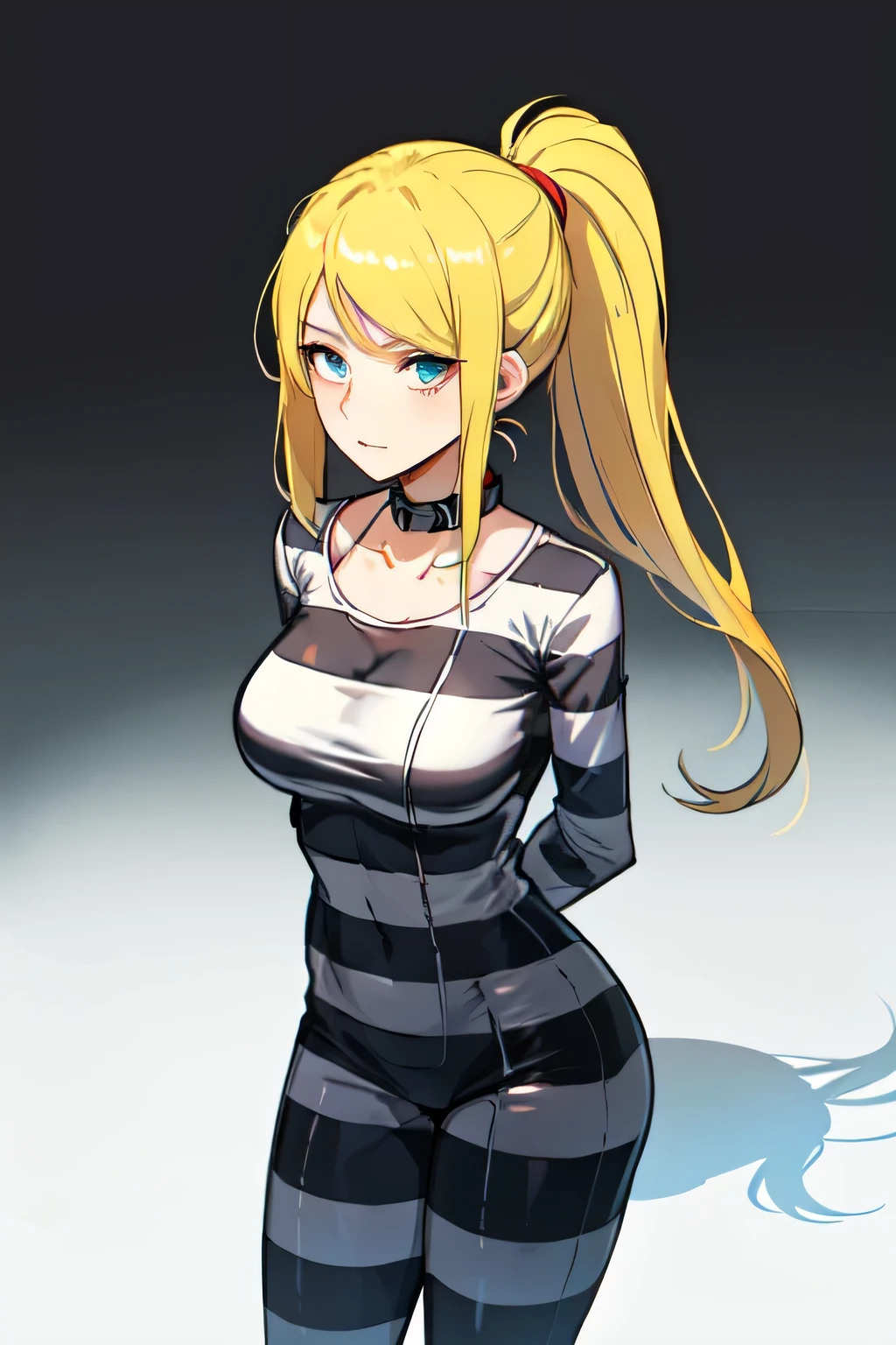 samus aran, portrait, ponytail, hair tie, A beautiful woman blonde hair, facing viewer, looking at viewer, soft smile, ((close up)), thin, skinny, medium breasts, short ponytail, knees together, legs togethecing forward, straight forward, facing camera, looking at camera, portrait)), ((handcuffs, collar)), ((arms behind back)), ((priclothes)), ((striped clothes)), prisoner, shirt, long sleeves, black and white stripes, pants,