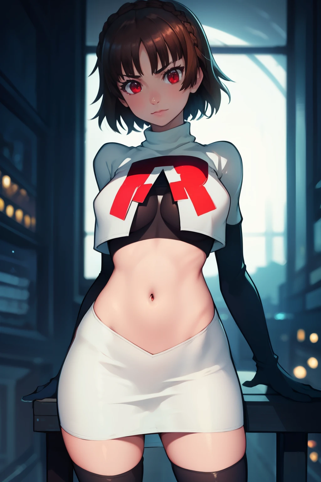 makoto nijima, blunt bangs, braid, brown hair, crown braid, (red eyes:1.3), short hair, team rocket uniform, red letter R, white skirt,white crop top,black thigh-high boots, black elbow gloves, looking at viewer, cowboy shot, sexy pose, night sky background