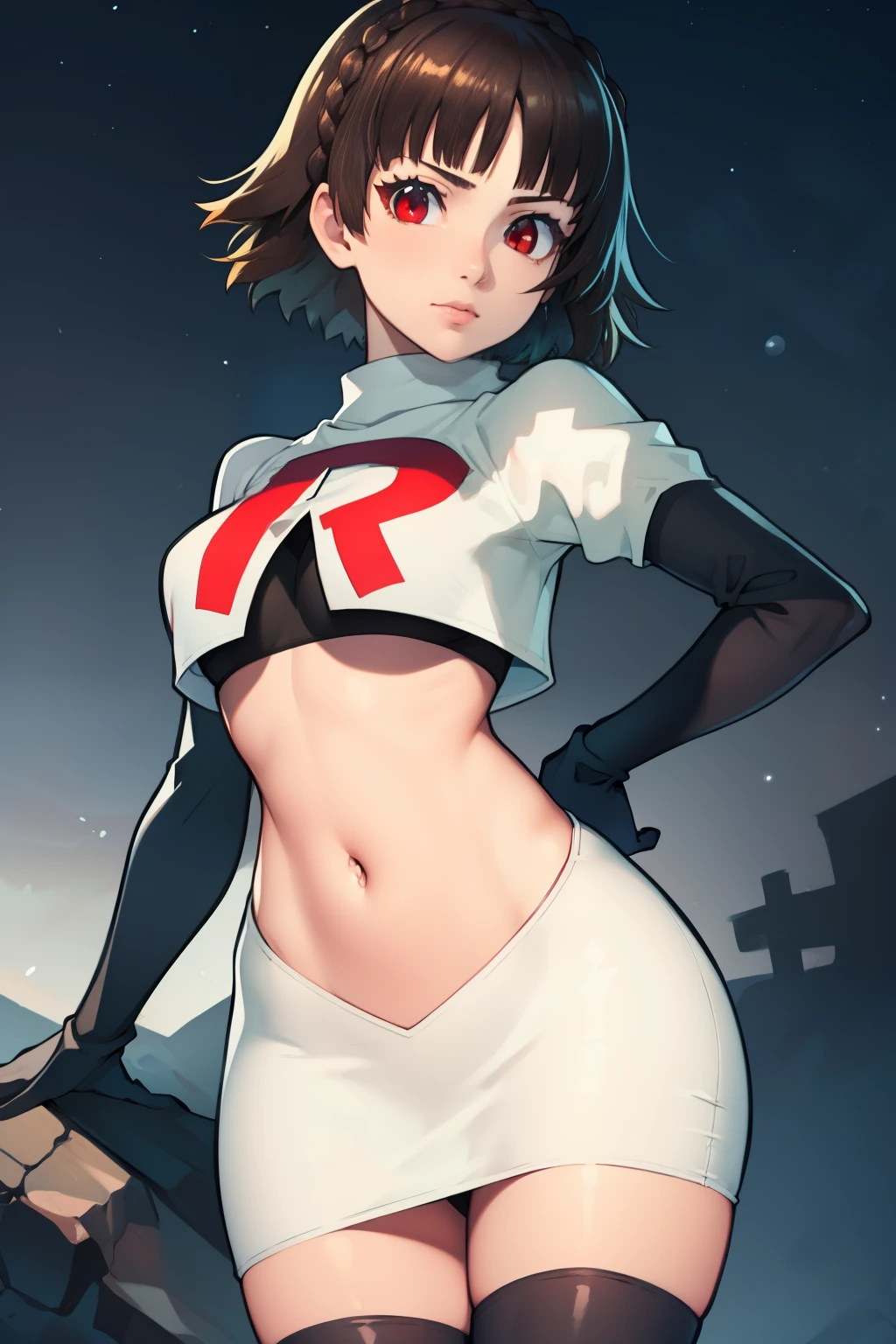 makoto nijima, frange émoussée, tresser, cheveux bruns, crown tresser, (les yeux rouges:1.3), Cheveux courts, uniforme de fusée d&#39;équipe, lettre rouge R, jupe blanche,haut court blanc,cuissardes noires, gants de coude noirs, regarder le spectateur, tir de cow-boy, pose sexy, fond de ciel nocturne