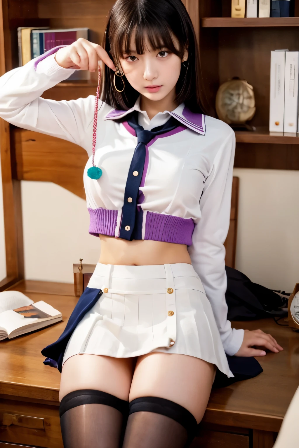 Arafed asian woman in uniform posing on a desk with a book - SeaArt AI