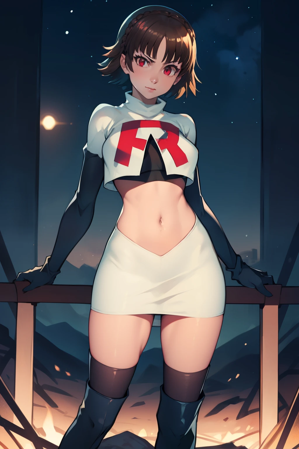 makoto nijima, blunt bangs, braid, brown hair, crown braid, (red eyes:1.3), short hair, team rocket uniform, red letter R, white skirt,white crop top,black thigh-high boots, black elbow gloves, looking at viewer, cowboy shot, sexy pose, night sky background