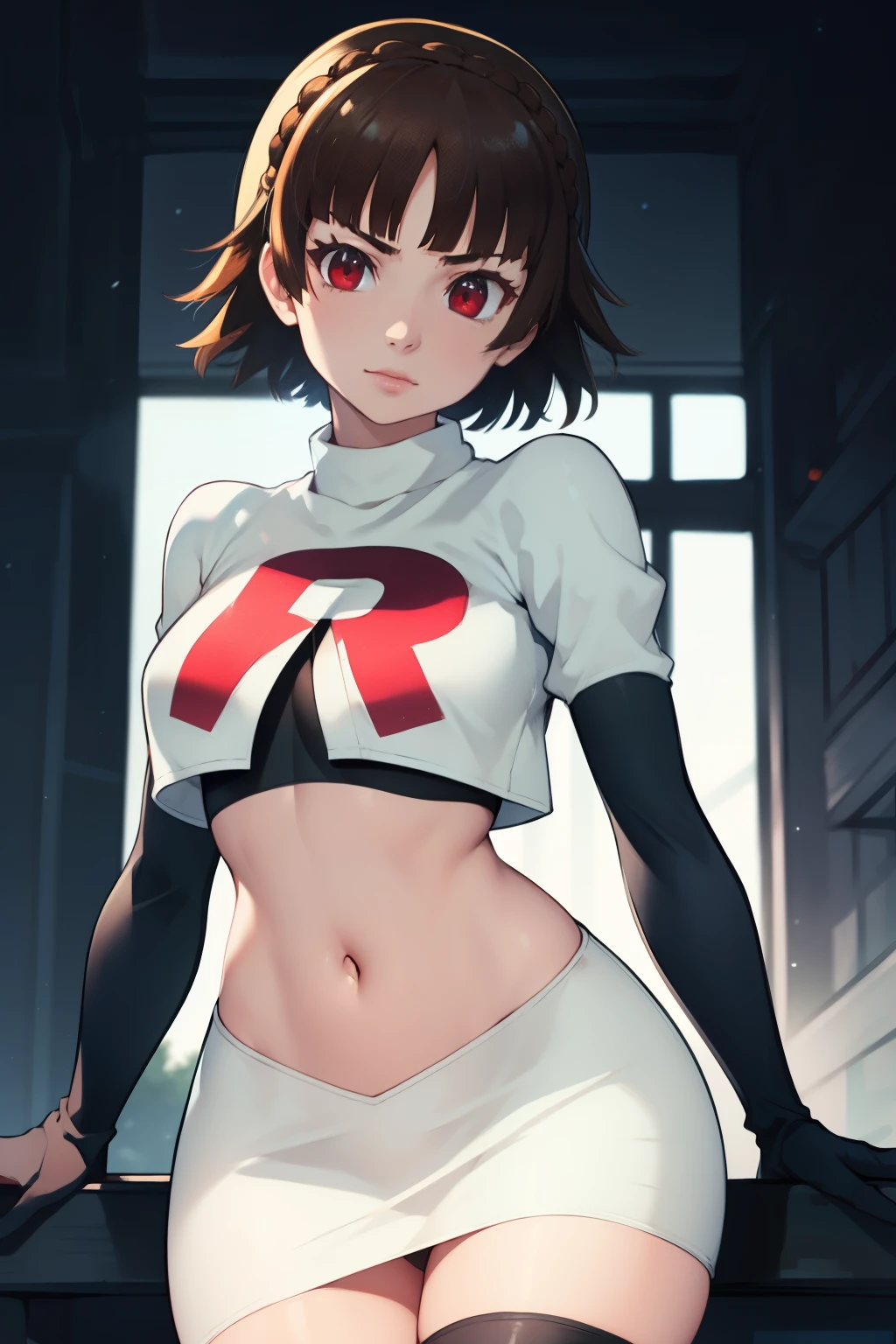 makoto nijima, blunt bangs, braid, brown hair, crown braid, (red eyes:1.3), short hair, team rocket uniform, red letter R, white skirt,white crop top,black thigh-high boots, black elbow gloves, looking at viewer, cowboy shot, sexy pose, night sky background