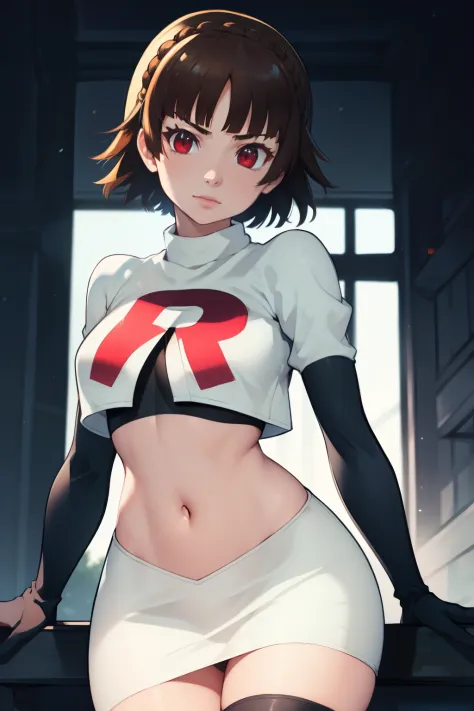 makoto nijima, blunt bangs, braid, brown hair, crown braid, (red eyes:1.3), short hair, team rocket uniform, red letter R, white...