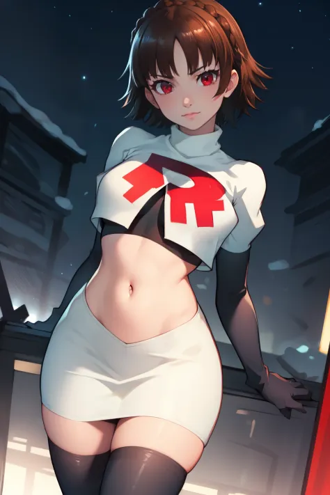 makoto nijima, blunt bangs, braid, brown hair, crown braid, (red eyes:1.3), short hair, team rocket uniform, red letter R, white...