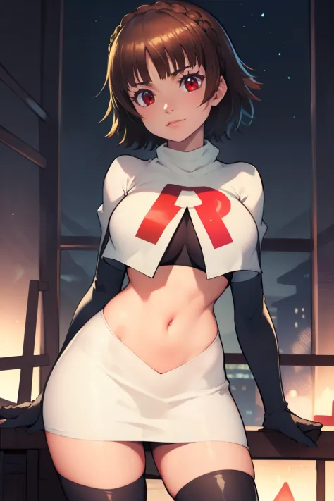 makoto nijima, blunt bangs, braid, brown hair, crown braid, (red eyes:1.3), short hair, team rocket uniform, red letter R, white...