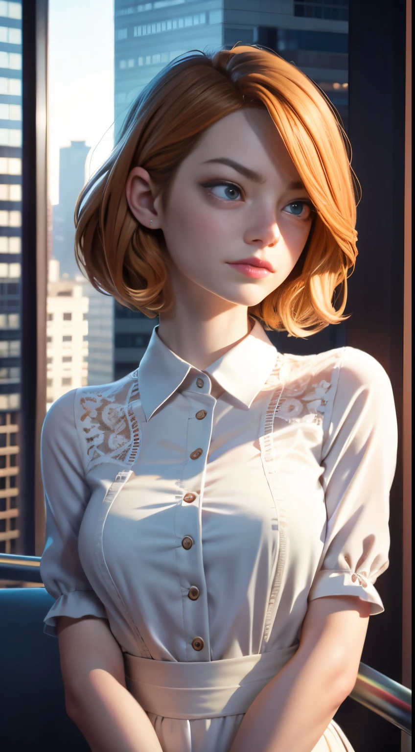 photo of Emma Stone, RAW, beautiful woman, ((portrait)), ((detailed face:1.2)), ((detailed facial feature, detailed skin, clear skin), (perfect proportioned body), (wearing a shirt dress) (high detailed city environment, apartment balcony), (realistic photo, best quality, detailed), (8k wallpaper), (cinematic lighting, dramatic lighting) (sharp focus, intricate)