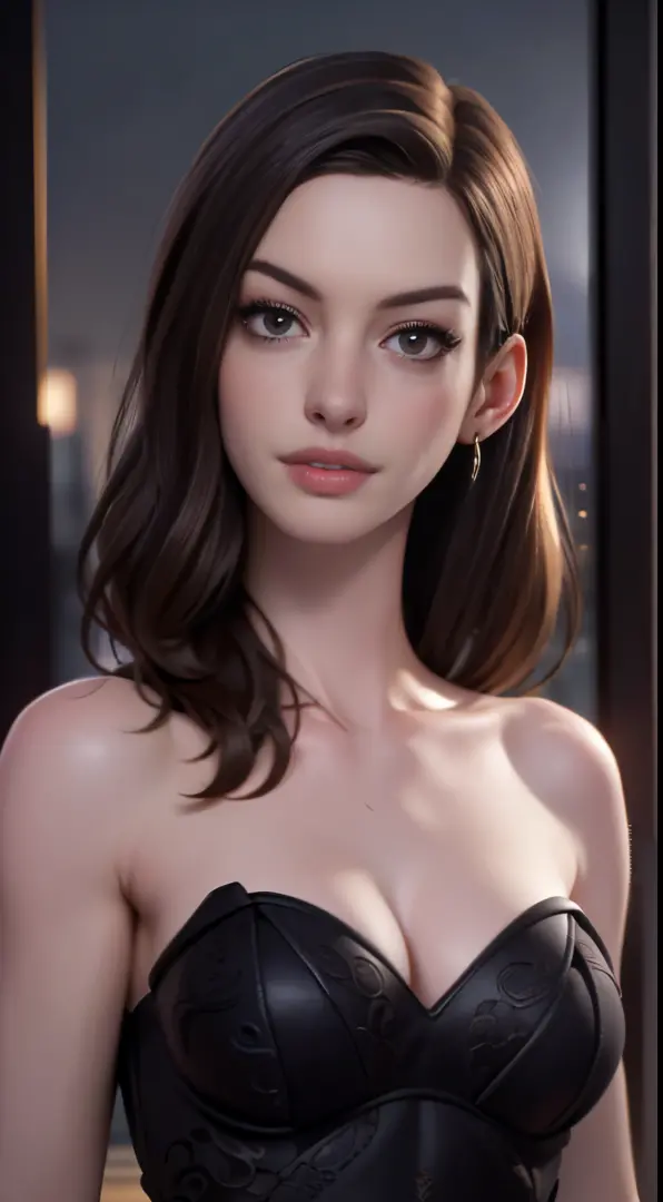 photo of Anne Hathaway, RAW, beautiful woman, ((portrait)), ((detailed face:1.2)), ((detailed facial feature, detailed skin, clear skin), (perfect proportioned body), (wearing a strapless dress) (high detailed city environment, apartment balcony), (realist...
