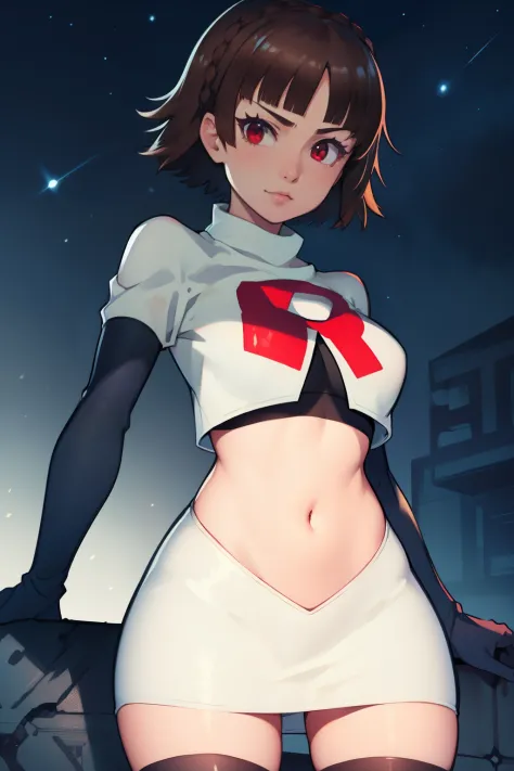 makoto nijima, blunt bangs, braid, brown hair, crown braid, (red eyes:1.3), short hair, team rocket uniform, red letter r, white...