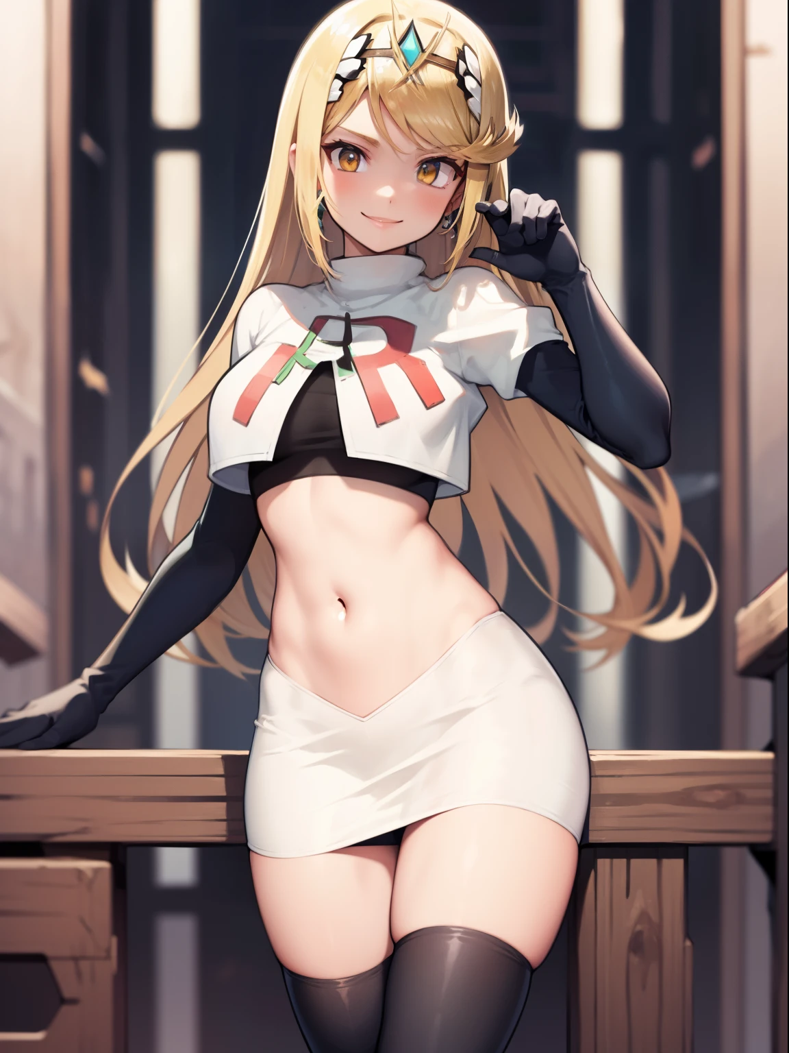 mythra \(xenoblade\), blond hair, yellow eyes, team rocket uniform, red letter R, white skirt,white crop top,black thigh-high boots, black elbow gloves, looking at viewer, cowboy shot, sexy pose, smile