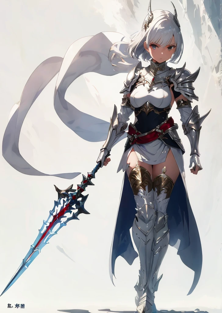 Silver Knights、Wearing white armor、With a large spear、Short hairstyle、Devil background、gazing at viewer、Wearing silvery-white armor、Best image、masutepiece、Beautiful woman、Gorgeous hairstyle、Holding a large spear、Wearing a red aura、