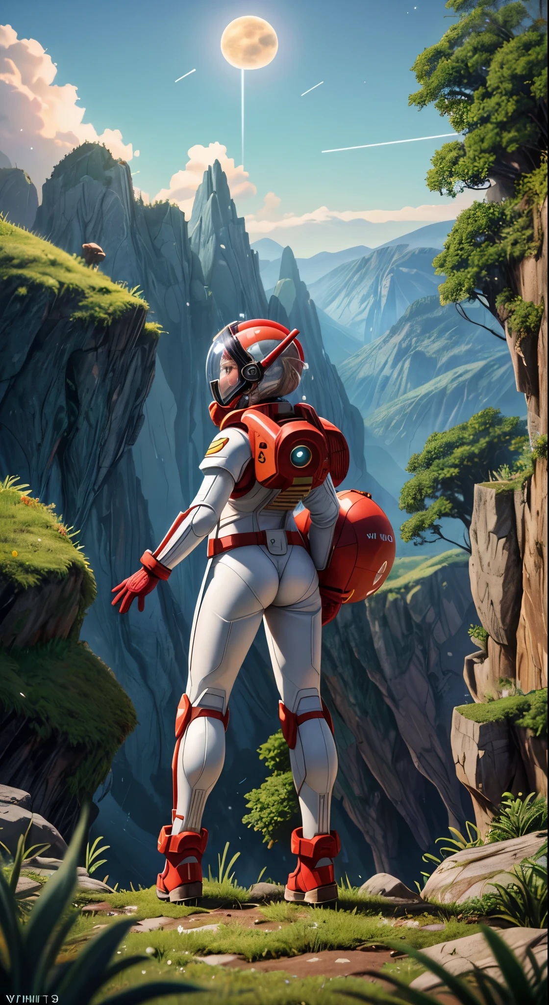 Highly detailed RAW color Photo, Rear Angle, Full Body, of (female space marine, wearing white and red space suit, futuristic helmet, tined face shield, rebreather, accentuated booty), outdoors, (leaning over rocky Edge, looking out at advanced alien structure), (on complex exotic alien planet:0.6), toned body, big butt, (sci-fi), (mountains:1.1), (lush green vegetation), (two moons in sky:0.8), (highly detailed, hyperdetailed, intricaens flare:0.7), (bloom:0.7), particle effects, raytracing, cinematic lighting, shallow depth of field, photographed on a Sony a9 II, 24mm wide angle lens, sharp focus, cinematic film still from Gravity 2013, viewed from behind