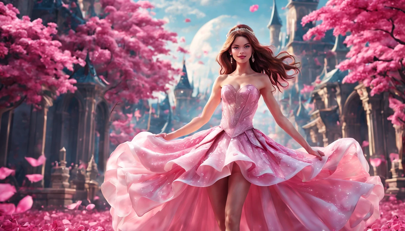 There is a beautiful girl "Michelle Monaghan", em um vestido de baile, anime barbie em branco, pink space, Princesa Anime, paisagem da princesa, princesa de cabelos loiros, sorriso gentil, Kushatt Krenz Key Art Mulheres, 3d stylized rendering, 3D rendering of 8k character art, arte digital detalhada bonito, Anime estilo 3D，master part, super detalhado, Epic composition, extremely high quality，Epic digital art of romantic fantasy，Epic fairytale fantasy digital art，Mythological fantasy，