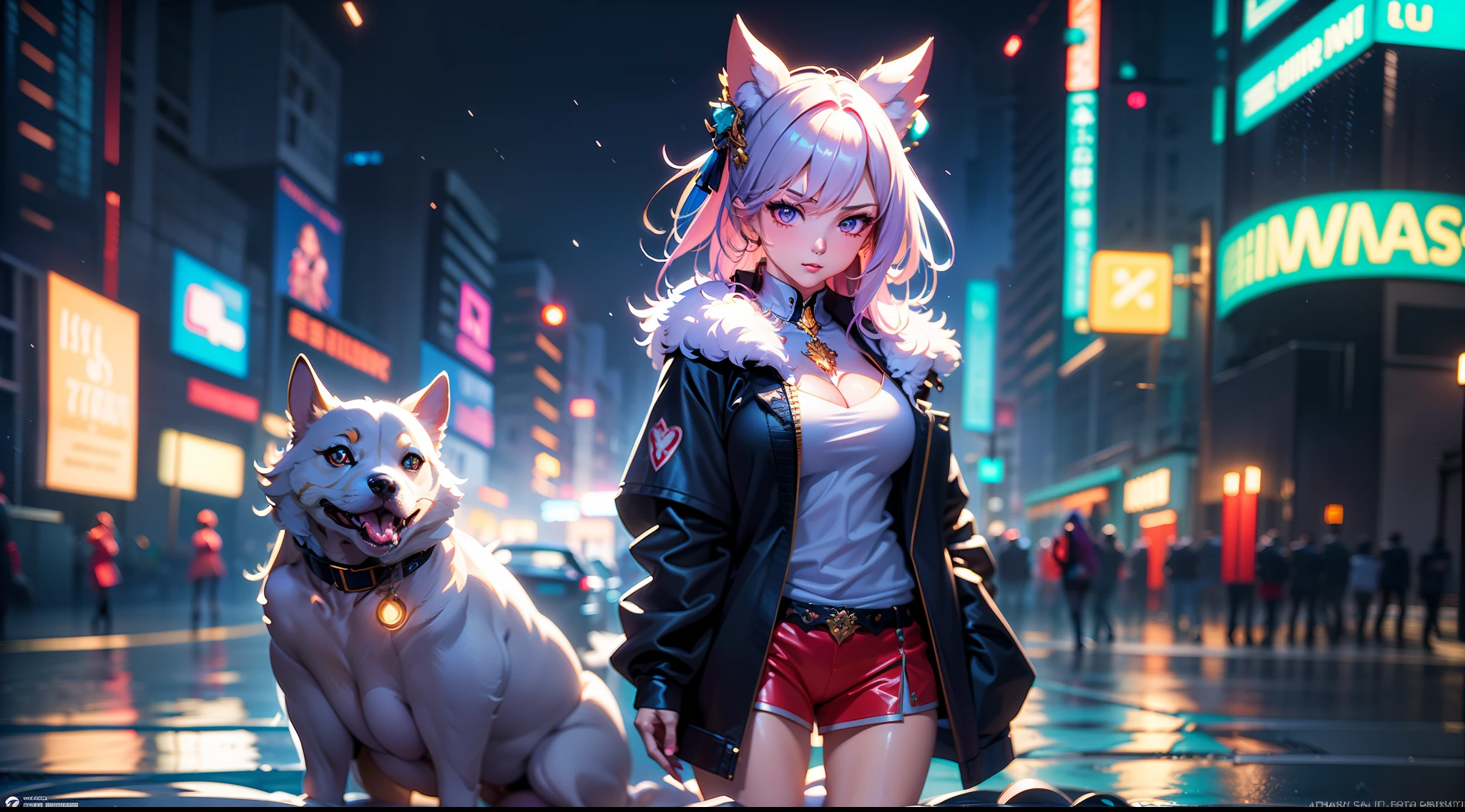 full body portrait of a photo realistic beautiful girl, 1 girl, facing forward, waifu, flowing hair, short modern New Year's clothing, big beautiful flirtateous open eyes, standing straight, cinematic lighting, New Year holiday night time firework setting, highly detailed, digital painting, trending on artstation, pixiv, concept art, sharp focus, illustration, art by ross tran and wlop, Glowing eyes, Best quality, good lighting, large breasts with cleavage, seductive face, Masterpiece, highres,sharp focus,(ultra detailed,extremely detailed),(photorealistic artwork:1.37),(extremely detailed CG unity 8k wallpaper),(((vibrant colors,vibrant theme))),(intricate),(masterpiece),(best quality), girl is playing with a cute small dog