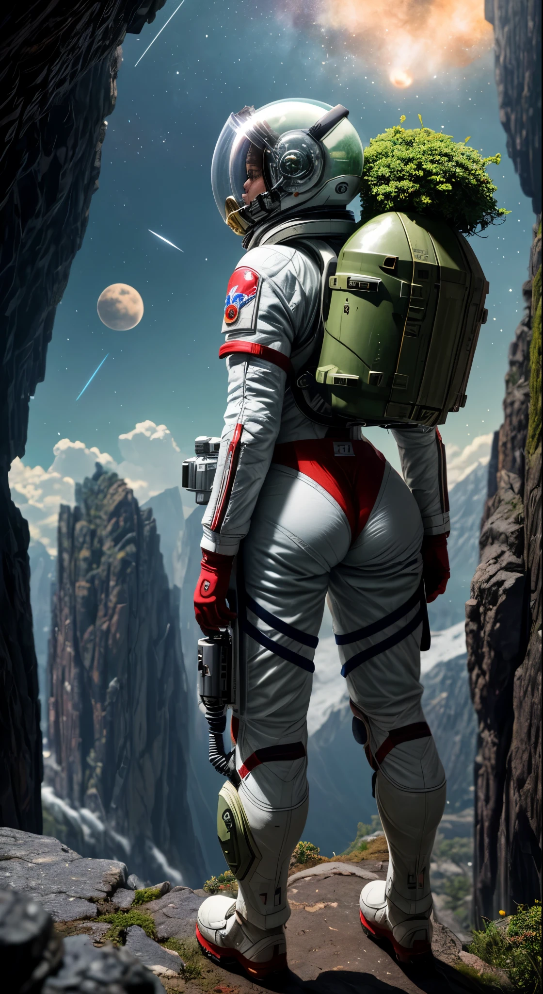 Highly detailed RAW color Photo, Rear Angle, Full Body, of (female space marine, wearing white and red space suit, futuristic helmet, tined face shield, rebreather, accentuated booty), outdoors, (leaning over rocky Edge, looking out at advanced alien structure), (on complex exotic alien planet:0.6), toned body, big butt, (sci-fi), (mountains:1.1), (lush green vegetation), (two moons in sky:0.8), (highly detailed, hyperdetailed, intricaens flare:0.7), (bloom:0.7), particle effects, raytracing, cinematic lighting, shallow depth of field, photographed on a Sony a9 II, 24mm wide angle lens, sharp focus, cinematic film still from Gravity 2013, viewed from behind