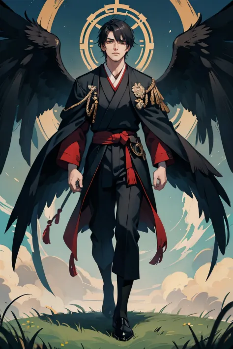 1 male, full body, japanese school uniform, black hair, imposing, black wings, open wings, standing in an open grass field, deta...