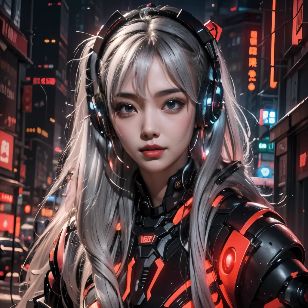 1 chica， Chino_ropa， Titanio negro metalizado y rojo intenso.， Ciberhanfu， en cheongsam， ciudad-cyberpunk， Detalles auriculares iluminados， adornos luminosos para el cabello， pelo largo y blanco， Pendientes luminosos，Collar brillante，una ciudad de alta tecnología， Lleno de maquinaria y elementos futuristas.， luces de neón luminosas，color rojo，luz roja，capa negra，Luz laser，La mejor calidad en el mejor de los casos.，obra maestra，8K, luz de borde de personaje，detalle hiperalto，alta calidad，La mujer más hermosa，sonrisa，La cara es simétrica a la izquierda y a la derecha mirando al frente.，decoración de la esquina de la oreja，La antena larga emite luz.，Textura facial ultra detallada，alegría，Sistemas de armas，mechas，Antena emisora de luz montada en la cabeza，ojos profundos，Sentada de doncella