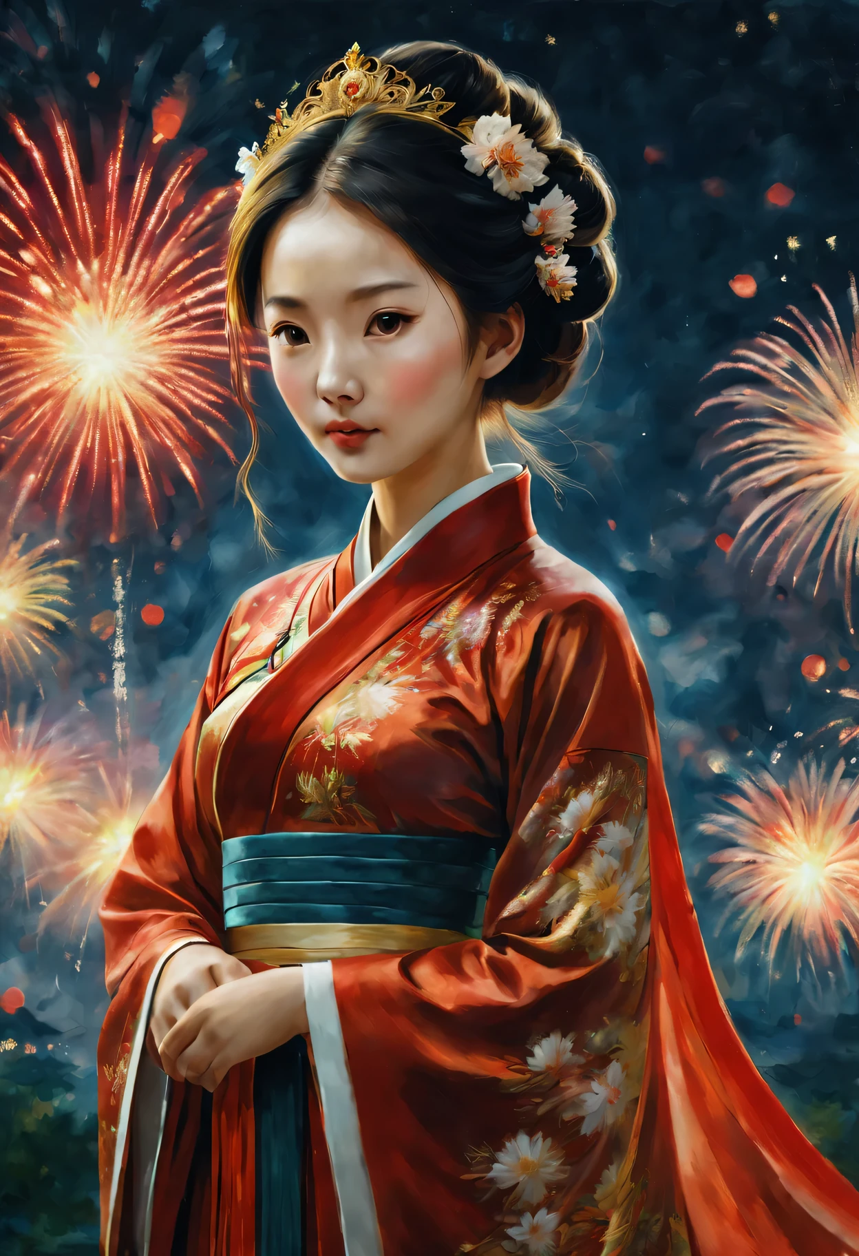 oil painted:（one-girl，TRADITIONAL CHINESE COSTUMES：1.2，springtime dress，red tint，Gold thread decoration：1.1），springtime，fireworks in the night sky，(Best quality at best,4K,A high resolution,tmasterpiece:1.2),ultra - detailed,(actual,photoactual,photo-actual:1.37)