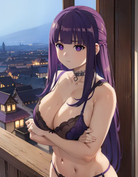 (Best Quality, Masterpiece),sexy, erotic, 1girl, 18 years old, Contempt, pride, long purple hair, ((purple eyes)), (((lingerie))), looking at viewer, medieval bedroom, night, sweat, ((crossed arms)), ((cleavage)), (angry), big breasts, from above, choker, ...