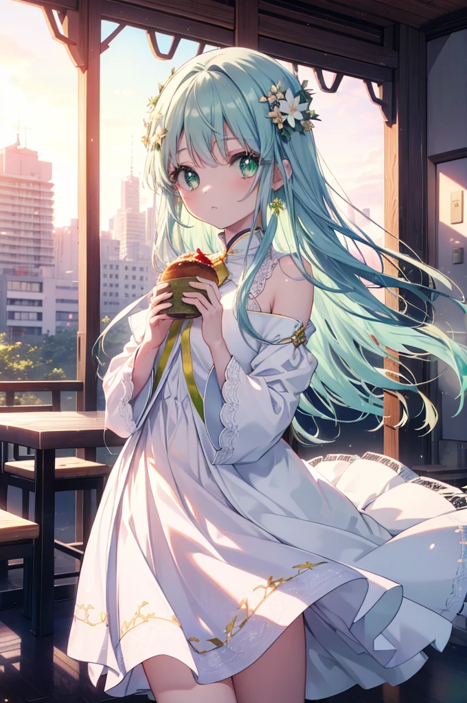 index, index, (Green eyes:1.5), Blue hair, Long hair, (flat chest:1.2),Upper body,Floral hair ornament， fullllbody,Break，white furisode，a miniskirt，Zouri，Girl eating food，at a table，restaurant open terrace，the sun starts to rise，Sunrise，Happy atmosphere，幸せそう
Break (masutepiece:1.2), Best Quality, High resolution, Unity 8k Wallpaper, (Illustration:0.8), (Beautiful detailed eyes:1.6), extra detailed face, Perfect Lighting, extremely details CG, (Perfect hands, Perfect Anatomy),