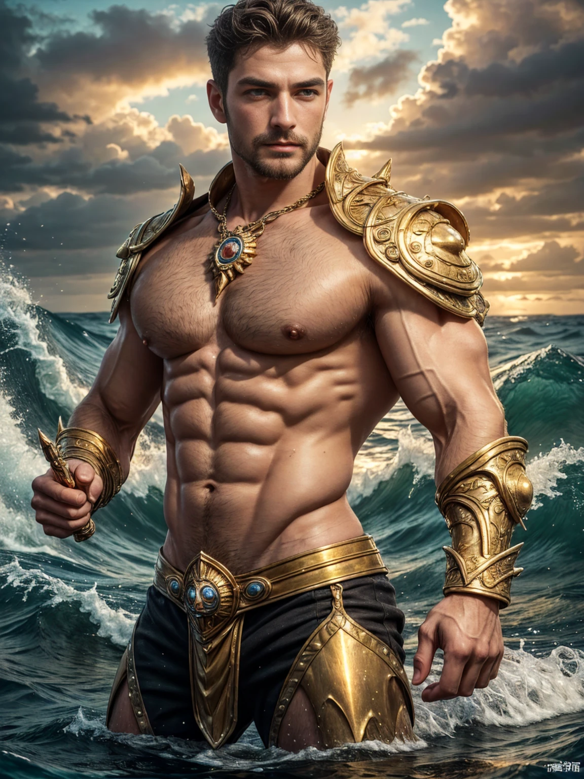 majestic image of Poseidon, Elegant golden hair！Surrounded by exotic marine life and colorful corals. On the hand, Holding a shining trident, Symbolizing his power over the ocean. （Extremely gorgeous ancient Roman gardens！）vestments（（（pearls！sea shell！diamond！garments）））Huge waves and foam create a majestic stormy environment. (Best quality,Photorealistic),(dark,feels) （light）, One guy,Detailed blue eyes, Smaller headasculine and strong,[ rigidly defined abs ]!!Gorgeous background（（Very detailed CG unified 8k wallpaper，（tmasterpiece），（Best quality），（ultra - detailed），（ultra real photo），Gorgeous background！（best character detail：1.36），Movie poster texture！full bodyesbian！profesional lighting，the golden ratio,[:(Have a delicate face:1.2)（（（Weapons in hand：1.8））），（（Unintentionally exposing chest muscles））Handsome Cominan（closeup portrait！)）showing off his hairy pecs。（Show hairy chest muscles），），(short mustache）Show furry and muscular eyes，）headspace！Charming and serious look，（Handsome men，handsome posture，Perfect body anatomy，Beautiful man face detail，，perfect hand！