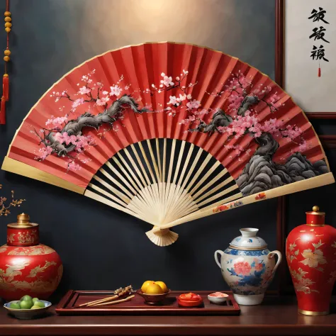 Exquisite hand-painted fan，Chinese traditional painting：1.2，beautiful spring festival，new year 2024，Colorful fireworks of the hi...