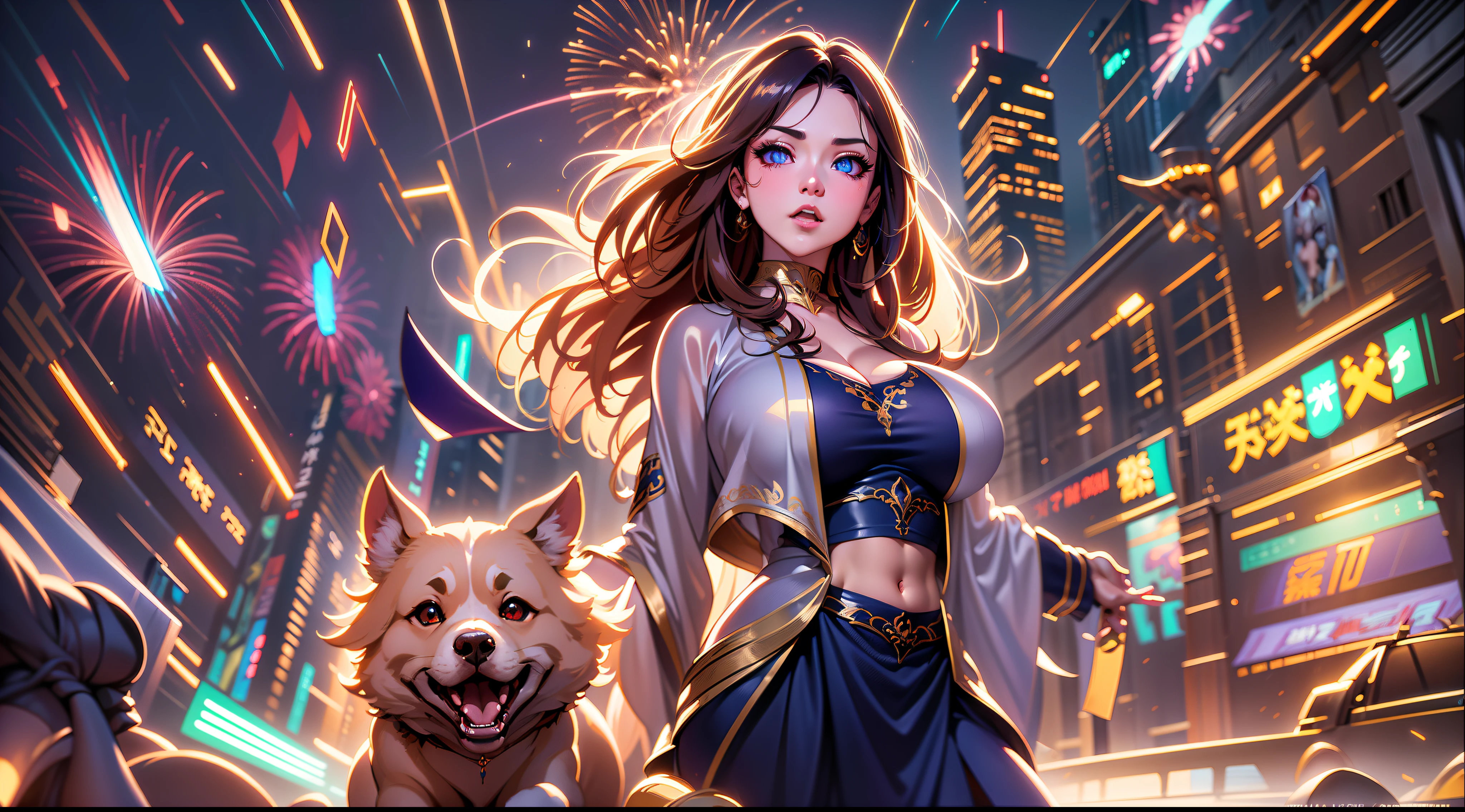 full body portrait of a photo realistic beautiful girl, 1 girl, facing forward, waifu, flowing hair, short modern New Year's clothing, big beautiful flirtateous open eyes, standing straight, cinematic lighting, New Year holiday night time firework setting, highly detailed, digital painting, trending on artstation, pixiv, concept art, sharp focus, illustration, art by ross tran and wlop, Glowing eyes, Best quality, good lighting, large breasts with cleavage, seductive face, Masterpiece, highres,sharp focus,(ultra detailed,extremely detailed),(photorealistic artwork:1.37),(extremely detailed CG unity 8k wallpaper),(((vibrant colors,vibrant theme))),(intricate),(masterpiece),(best quality), girl is playing with a cute small dog