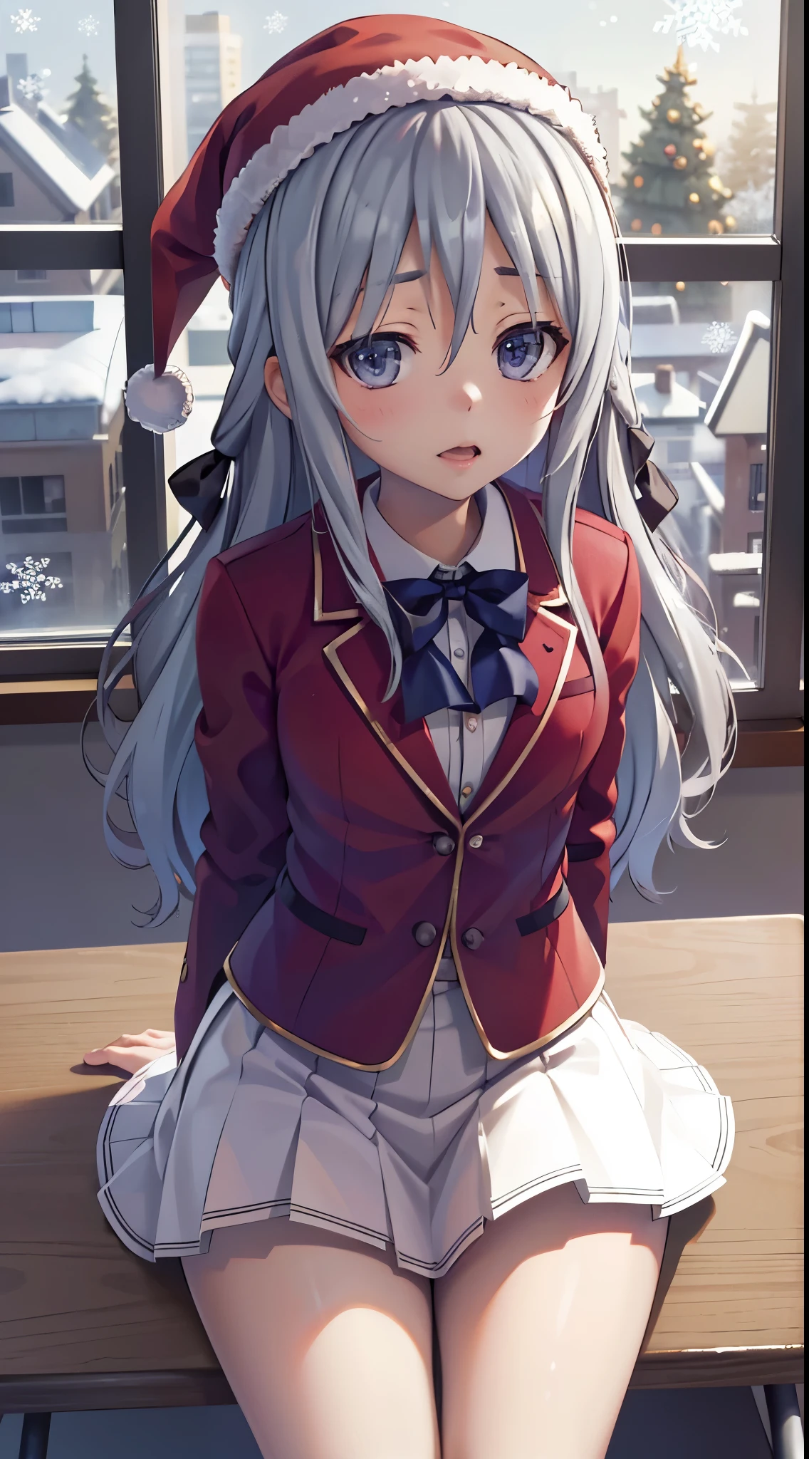 Shiina Hiyori, gray hair, masterpiece, amazing, 8k, detailed, 1girl, (from above), (stands), (looking up)), (falling snowflakes), ((Christmas hat)), ((Christmas outfit)), (hands behind her back), ((Infront of the window))