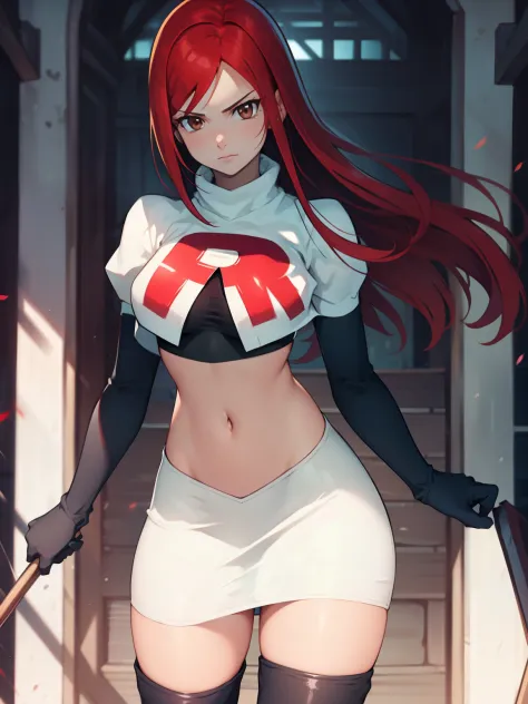 erza scarlet, long hair,red hair, brown eyes, ,team rocket uniform, red letter r, white skirt,white crop top,black thigh-high bo...